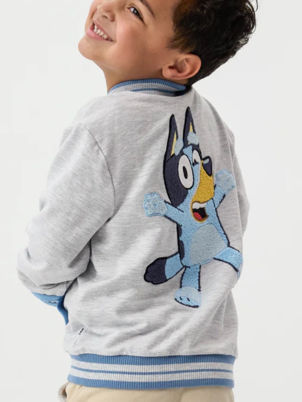 Little Sleepies Grey Bomber Jacket with Blue Character Embroidery